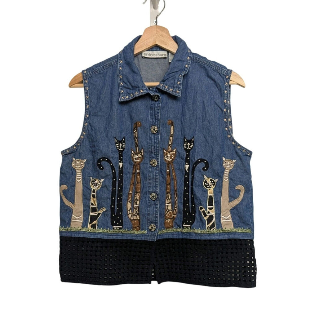 Vintage Dress Barn Applique Embroidery Cats Denim Vest Lattice Bottom Women's XL